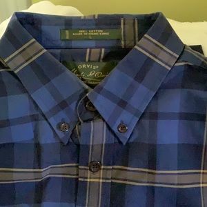 NWOT! Men’s Orvis Blue and beige plaid button down shirt. 100% Cotton. Large